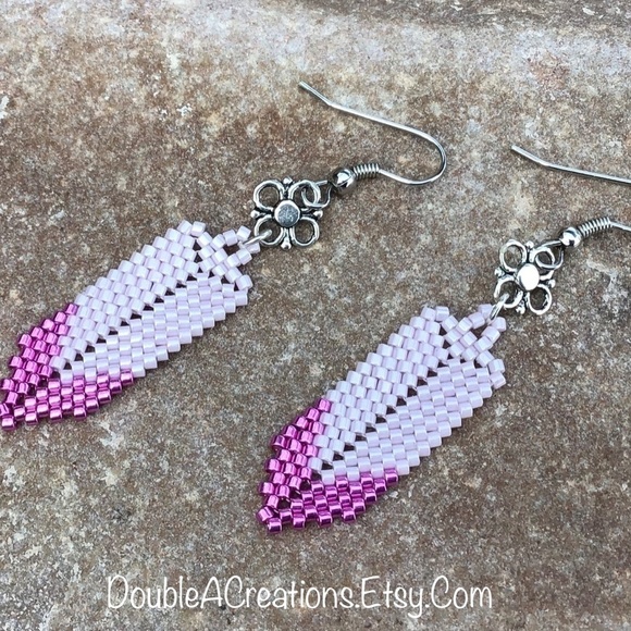 Pink Feather Beaded Earrings, New, Handmade by Me - Picture 5 of 8